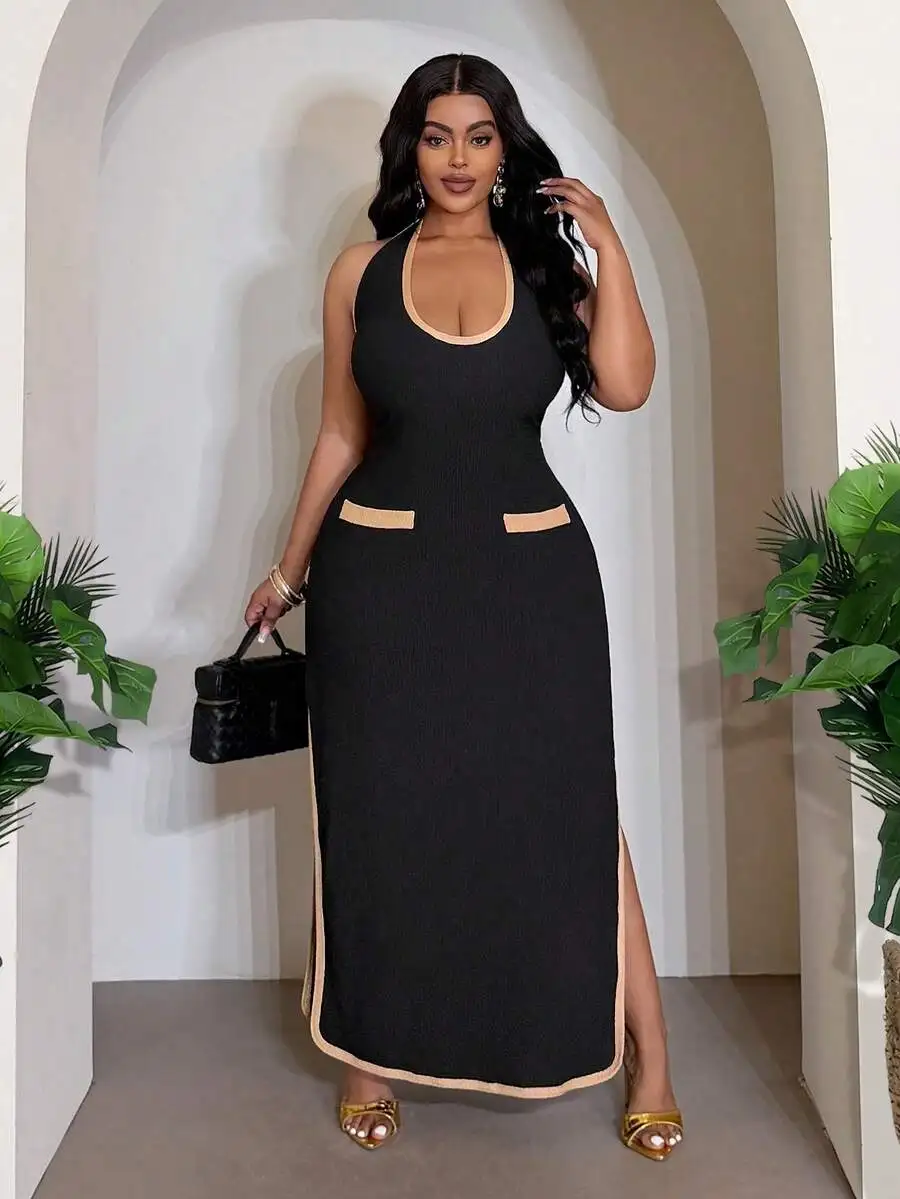 

Black And Khaki Color Block Halter Slit Maxi Dress For Women Summer Casual Elegant