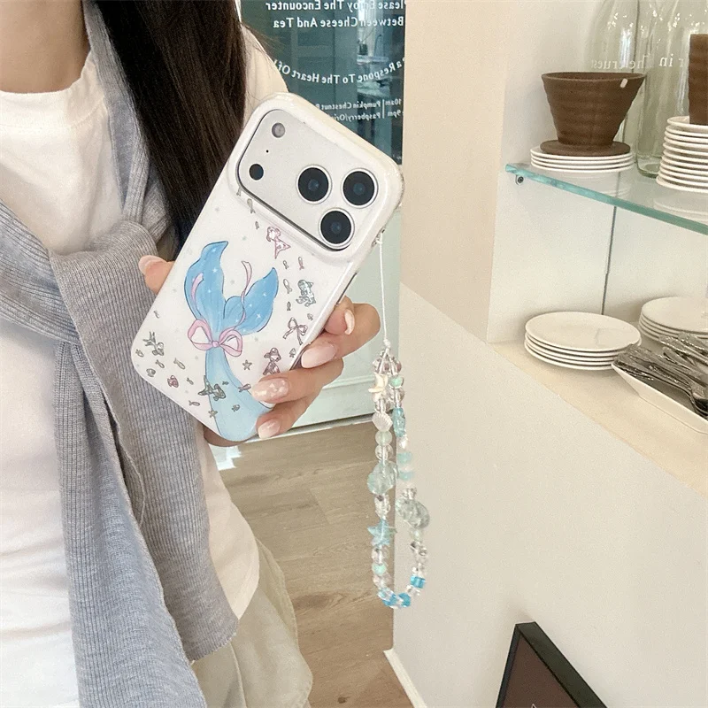 

New Fashion iPhone case Kawaii Mermaid Tail Print Phone Case With Ocean Beaded Strap For iPhone 15 16 17 Shockproof Matte White
