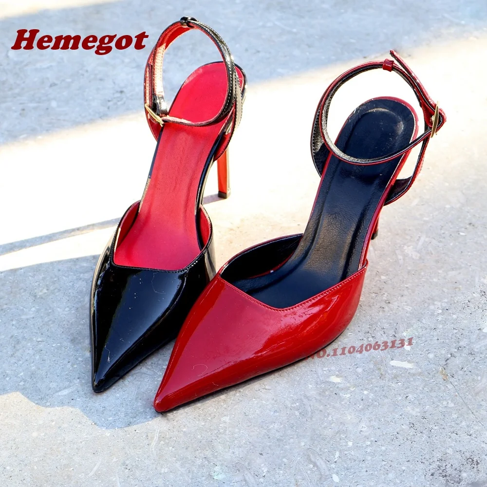 

Black Patent Leather Ankle Strap Pumps Pointy Toe Glossy Stiletto Heels Pumps for Women Summer Buckled Slingback Party Shoe Sexy