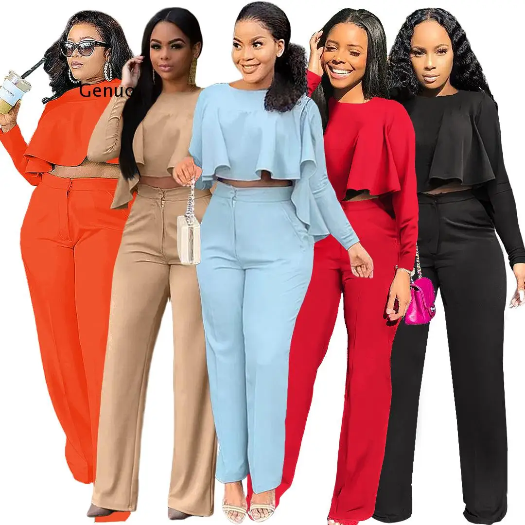 

2021 Elegant Fashion Design 2pcs Women Set Solid Ruffles O-neck Long Sleeve T-shirt Long Pants Office Lady Outfits