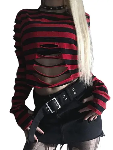 Top corto rasgado para mujer, camiseta gótica de manga larga, cuello redondo, estampado a rayas, holgada, y2k, Grunge, disfraz de Halloween