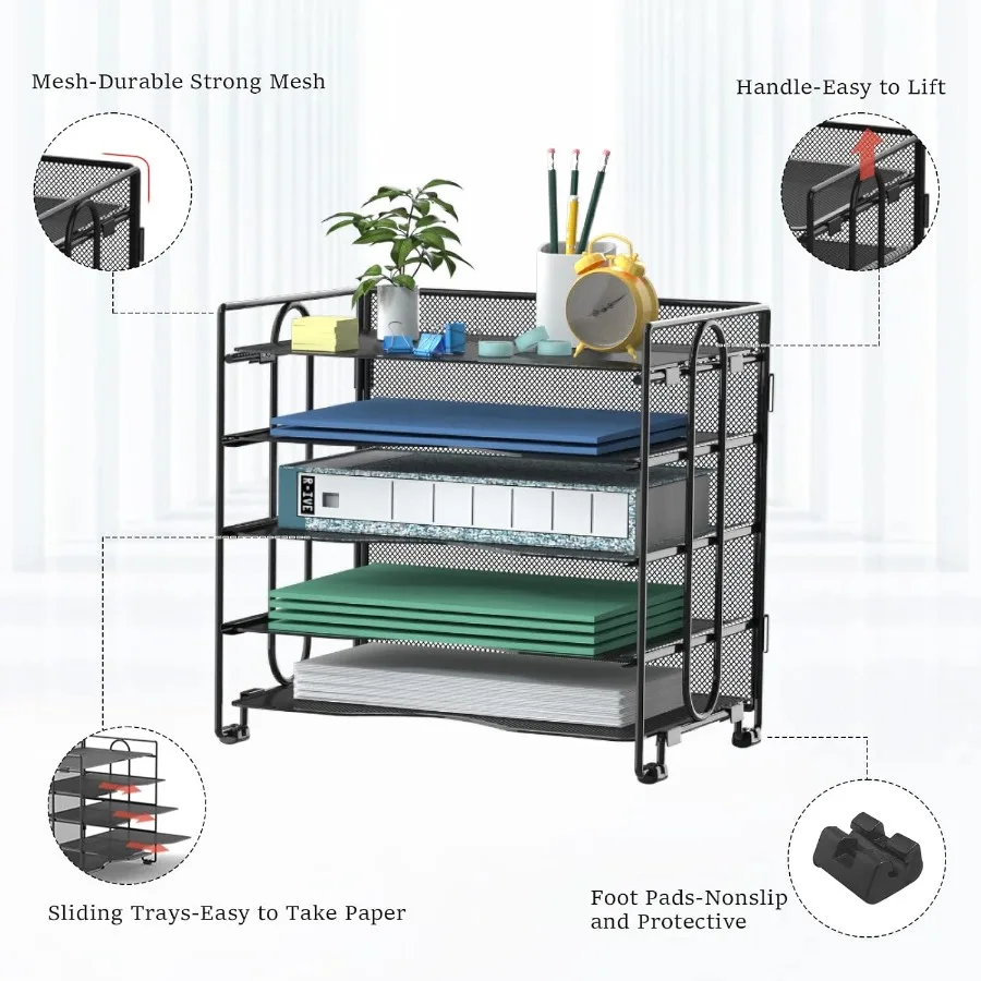 5-Tier Black Mesh Stackable Paper Organizer with Adjustable Letter Tray for Home Office Ideal for Document Storage and Sorting