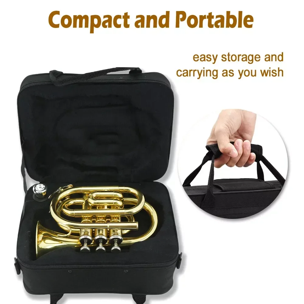 Bb Brass Pocket Trumpet with Case Mouthpiece Cleaning Cloth Gift Kit Nice Golden