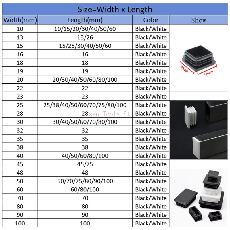 10x10 مللي متر ~ 100x100 مللي متر أسود تقطيع نهاية غطاء الأنابيب التوصيل البلاستيك مربع أنبوب المقابس الداخلية #2