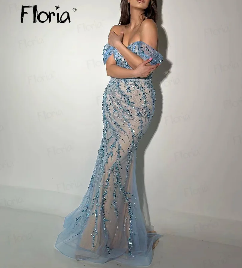 Light Blue Elegant Mermaid Evening Dress Sparkling Sequin Beadings Off Shoulder Formal Party Prom Dresses Robe De Soiree