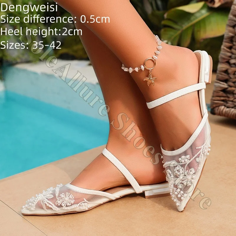 Women Nude Mesh Beaded Pointed Toe Flat Sandals Ankle Strap Embroidered Pearl Slingback Mules