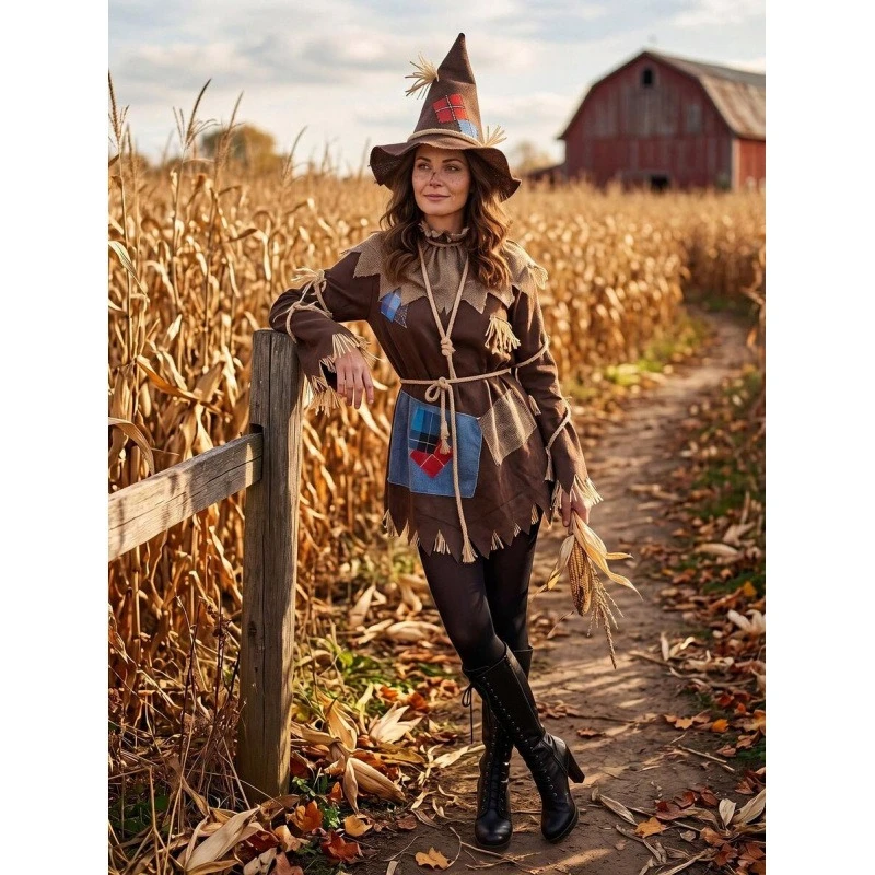 Adult Scarecrow Costume, Halloween Patchwork Tunic Dress with Hat Set, Scary Harvest Cosplay Outfit for Carnival Fancy Dress