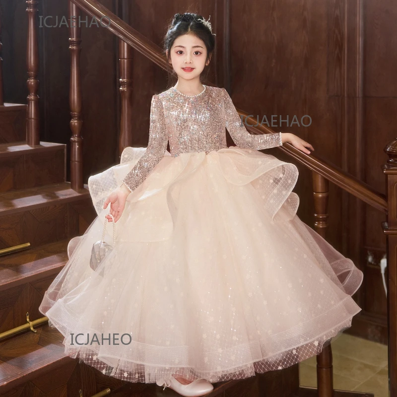 Long Dress Children Girls Long Sleeve  Kids Flower Girl Wedding Piano Pageant Outfit Costume Princess Birthday Dresses Clothes