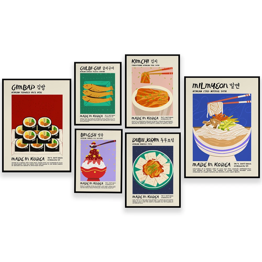 Póster de Comida Coreana y Asiática: Kimchi, Bibimbap, Soju, Milmyeon, Bingsu, Naengmyeon, Gimbap, Tteokguk, Gulbi-Gui, Milmyeon, Dubu Jorim