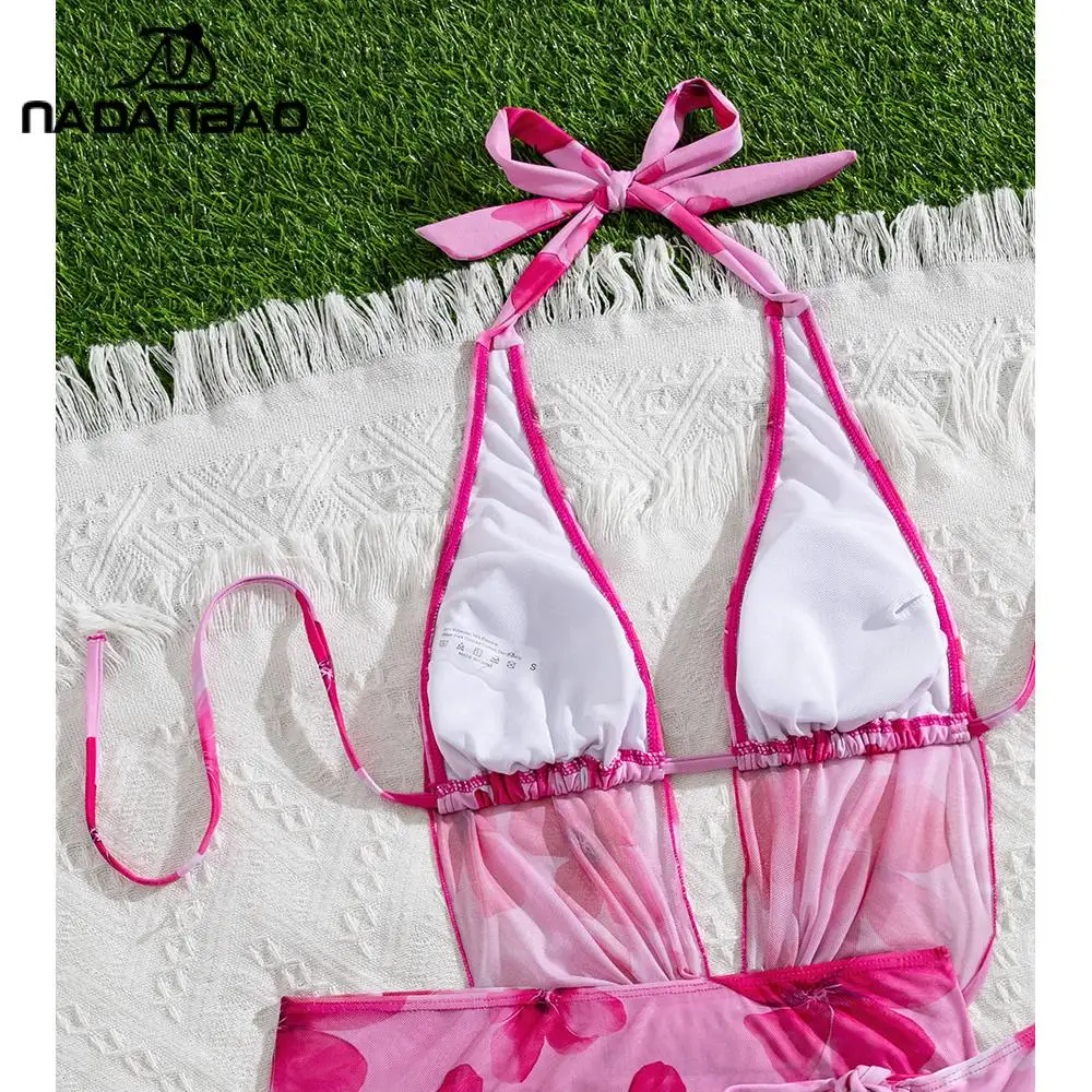 Nadanbaowomen 3 Piece Floral Print Bikini Set Rose Red Deep V Neck Swimsuit Sheer Mesh Cover Up Skirt Seaside Holiday Beachwear