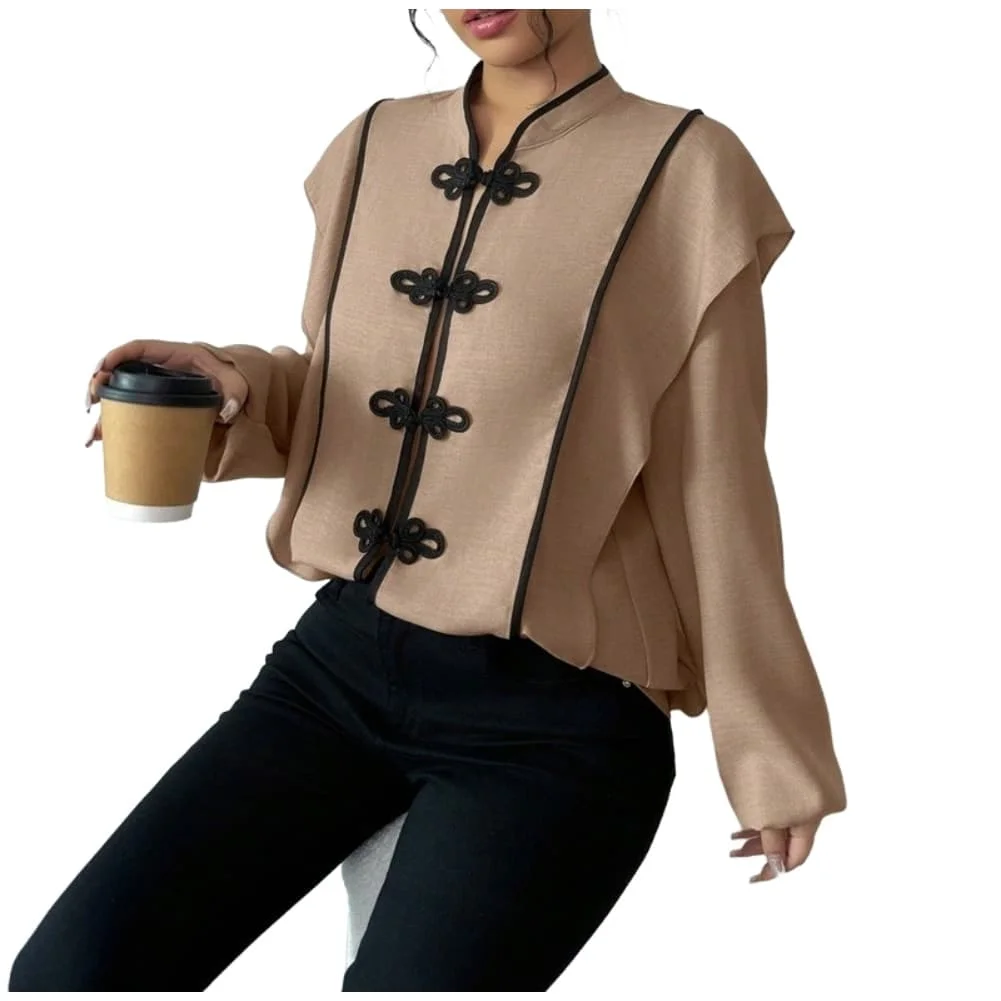 Summer Fashion Blouse Women Stand Collar Shirt Polyester Fabric Regular Length Long Sleeve Design Stand-Up Collar