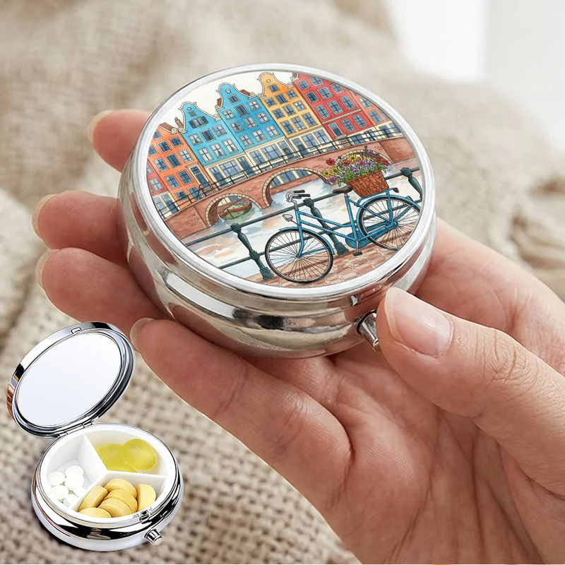 Mini Metal Pill Box with 3 Compartments, Watercolor Canal Cityscape and Bicycle Design, Portable Travel Medicine Organizer, Small Pill Case, Vitamin Storage Box, Suitable for Handbags, Unique Artistic Gift, Suitable for Daily Use and Outdoor Activities