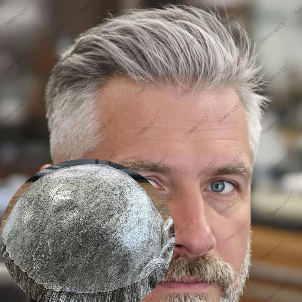

Мужской парик-накладка из натуральных волос, 30 мм, волнистый/прямой, серый, с прочной основой из силиконовой сетки, 5 дюймов, с естественной линией роста волос и фестончатым передом, система замещения волос