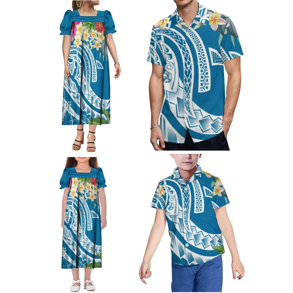 Polinésia impressão tribal feito sob encomenda verão novo conjunto mumu mãe-filha vestido de manga inchada pai-filho camisa casual havaiana