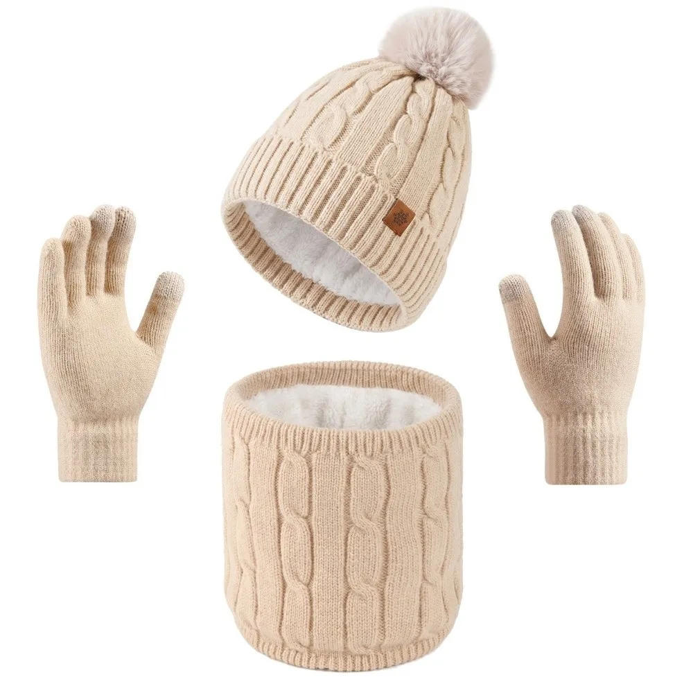 3Pcs/Set Warm Winter Hat Scarf Gloves Set Thicken Windproof Knit Beanie Snood Set Lining Elastic Touchscreen Gloves