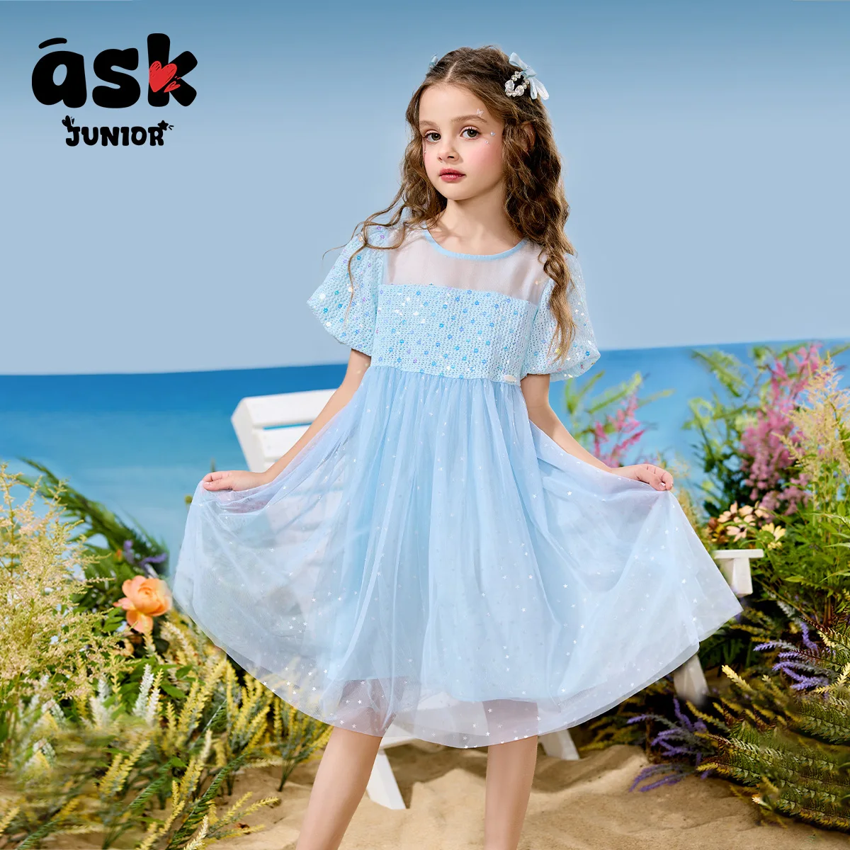فستان الأميرة الصيفي للفتيات الصغيرات ذو الأكمام الشبكية المنفوشة بالترتر #2