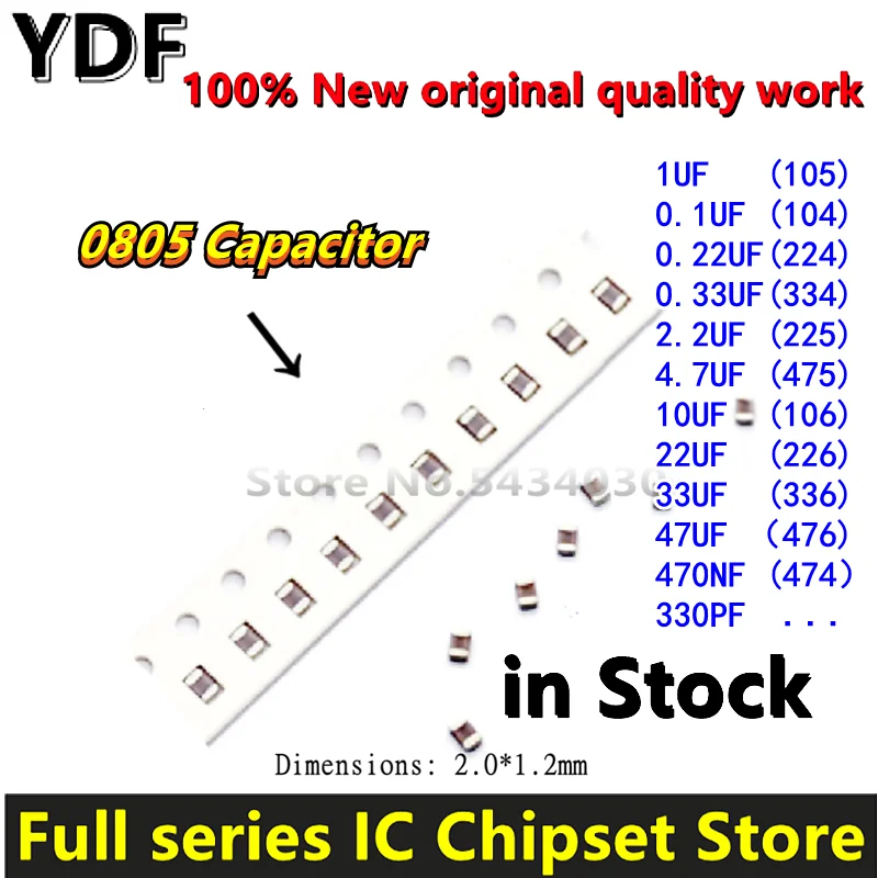 (100pcs) 100% New 0805 50V Capacitance 1UF 0.1UF 0.22UF 0.33UF 2.2UF 4.7UF 10UF 22UF 33UF 47UF 470NF 330PF 12PF...SMD K/M/Z X7R