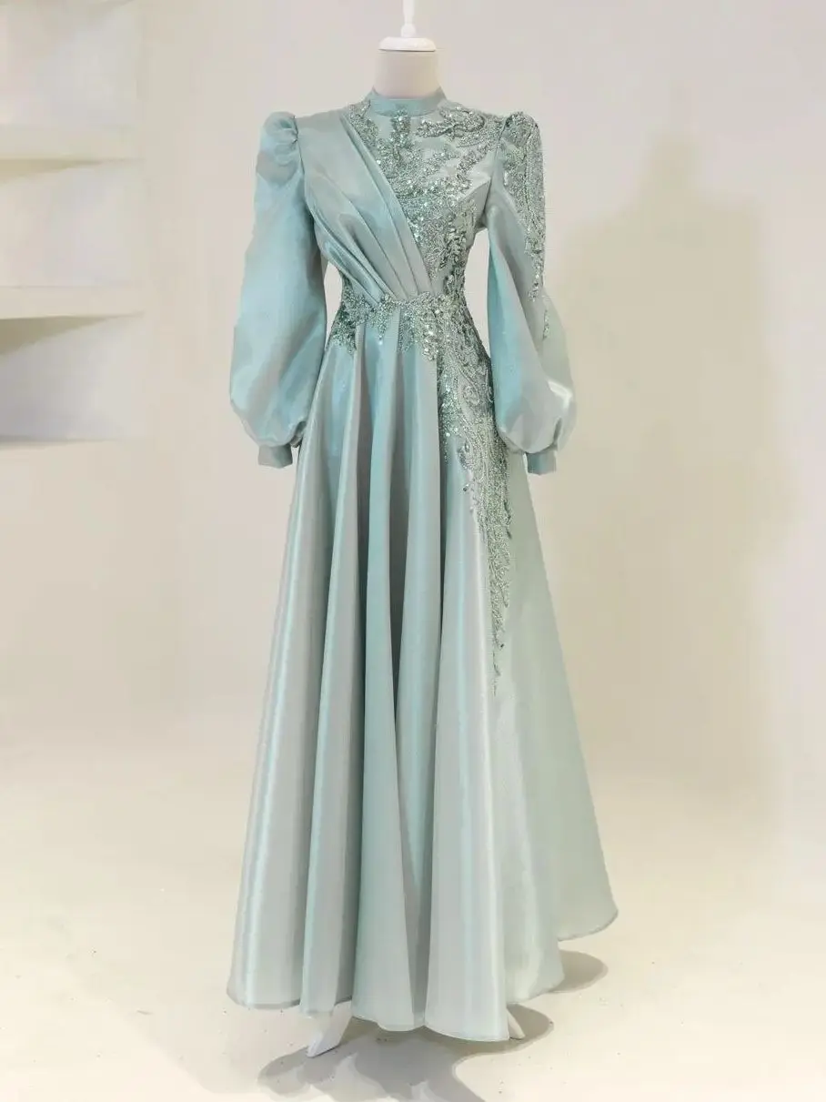 

Ciynsia Customized A-Line Muslim Evening Gowns Organza Appliques Beads Dubai Ankle Length Full Sleeves Formal Prom Dresses