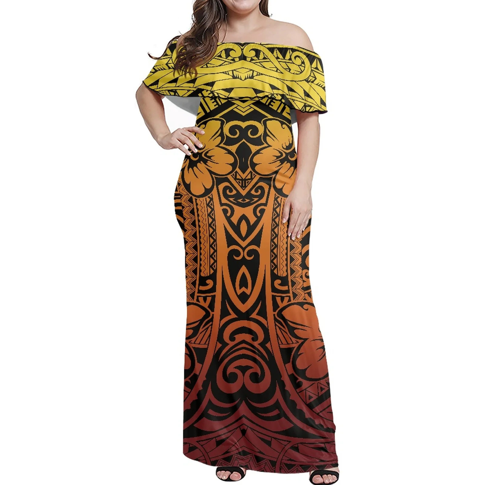 

Polynesian Samoa Printing Large Size Dress Off-The-Shoulder Summer Women Clothing Light Yellow New Design Sexy Banquet Dress