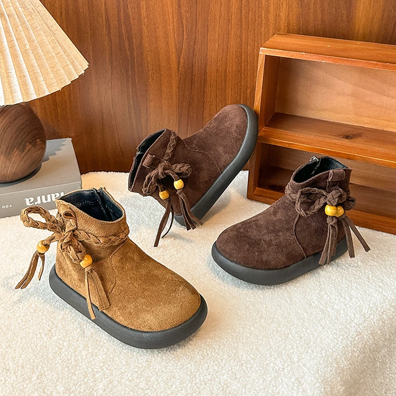 

Сапоги принцессы для девочек, универсальные модные детские полусапожки с боковой молнией, осень-зима 2021, детские ботильоны с милыми кисточками