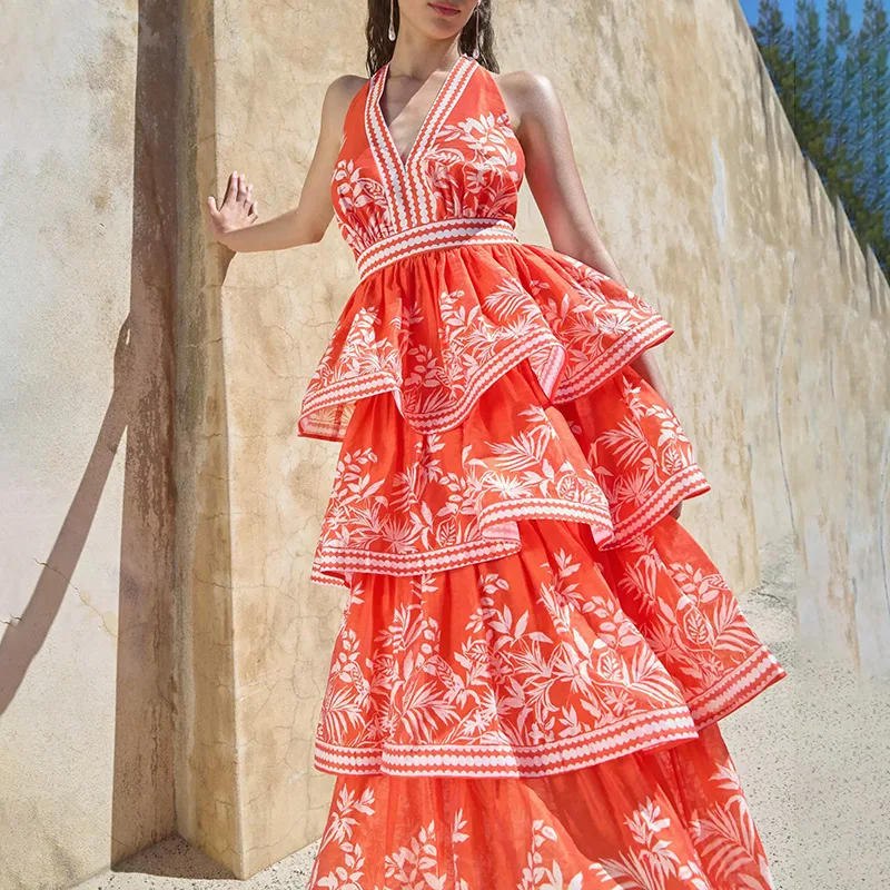 Vestido Halter sin Mangas de Alta Calidad, Estilo Ravello Palm Vocation, para Vacaciones, Corte en A