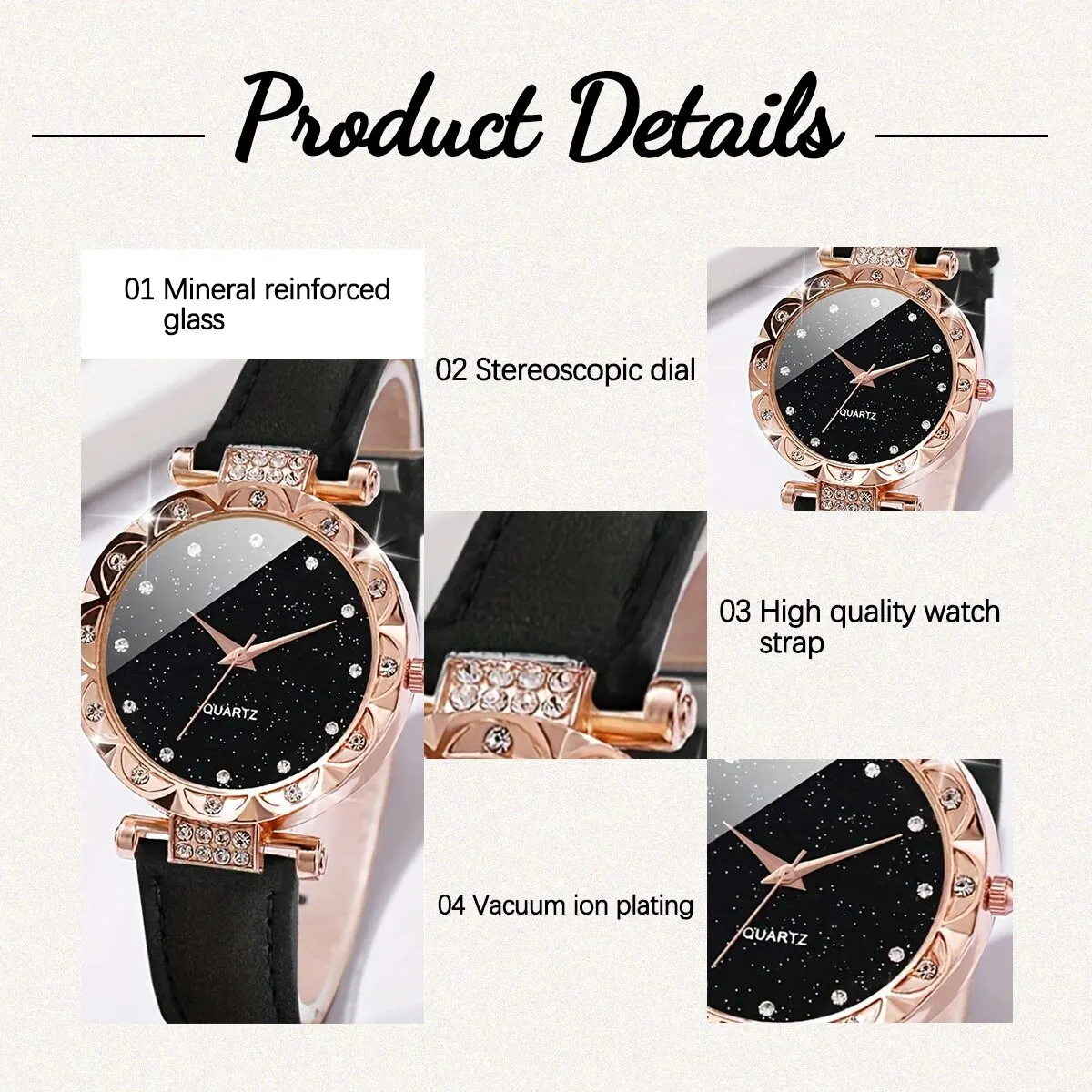 6pcs Ladies Fashion Casual Star Butterfly Digital Rhinestone Belt Quartz Watch Feather Love Crystal Bracelet Gift Set