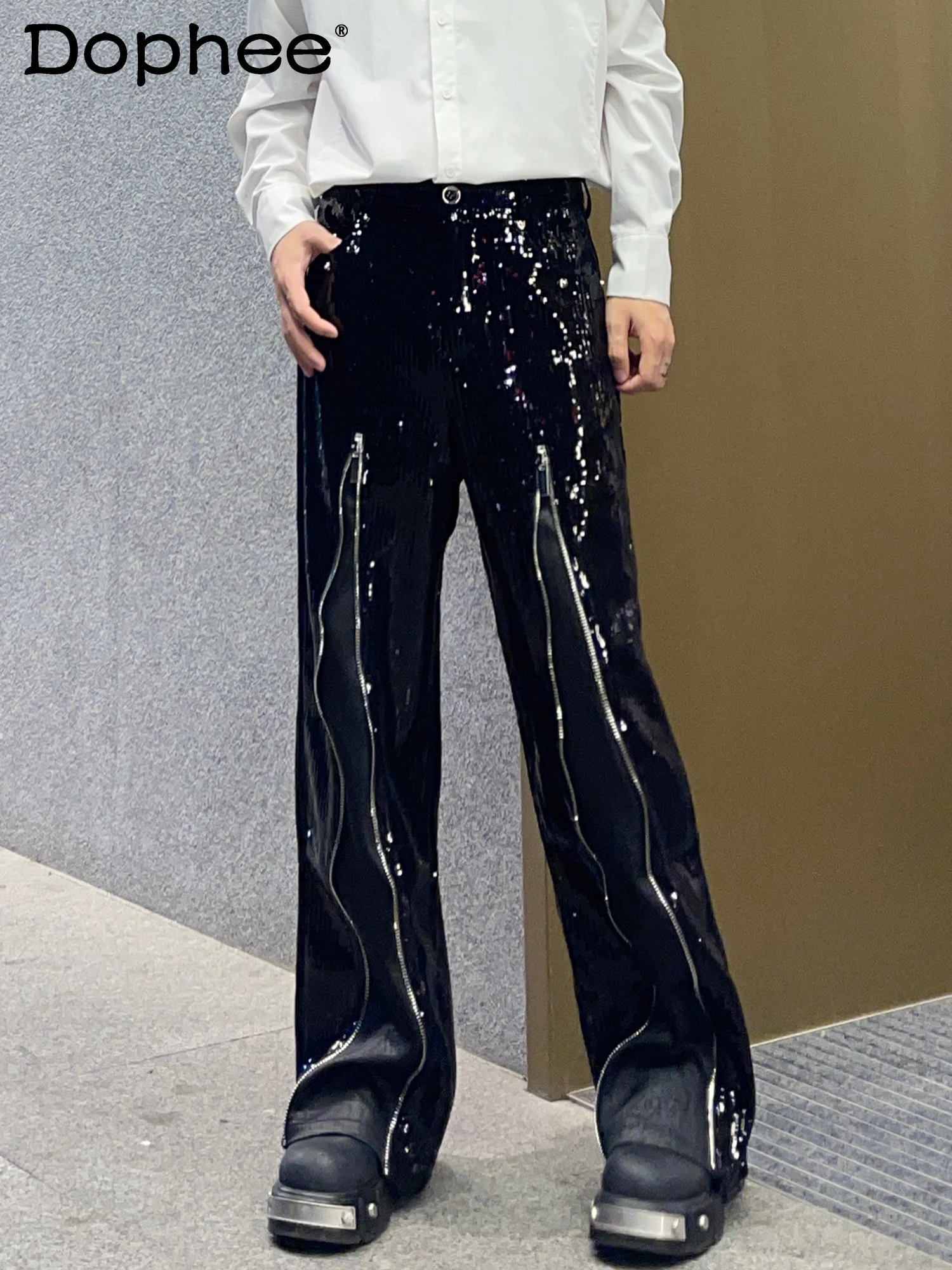 

Heavy Industry Sequined Splicing Zipper Design Sense Black Trousers Men's Korean Fashion Trend Loose Versatile Casual Trousers