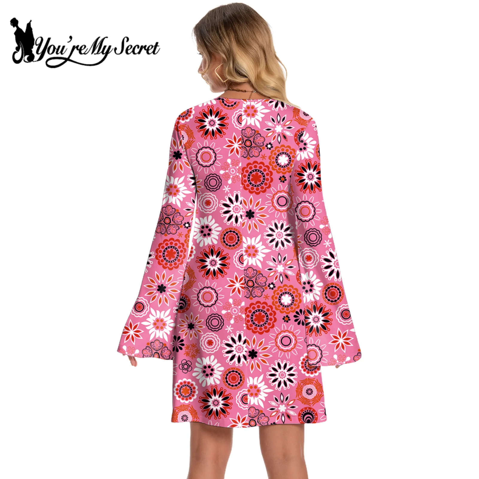 [You\'re My Secret] Fashion Women Dress 60s 70s Go Go Retro Hippie Boho Floral Printed Disco Dress Halloween Party Fancy Dress Up