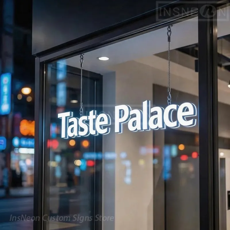 Custom 3D Frontlit LED Letters Sign Taste Palace, Stainless Steel Illuminated Logo Sign for Food Restaurant Business Storefront