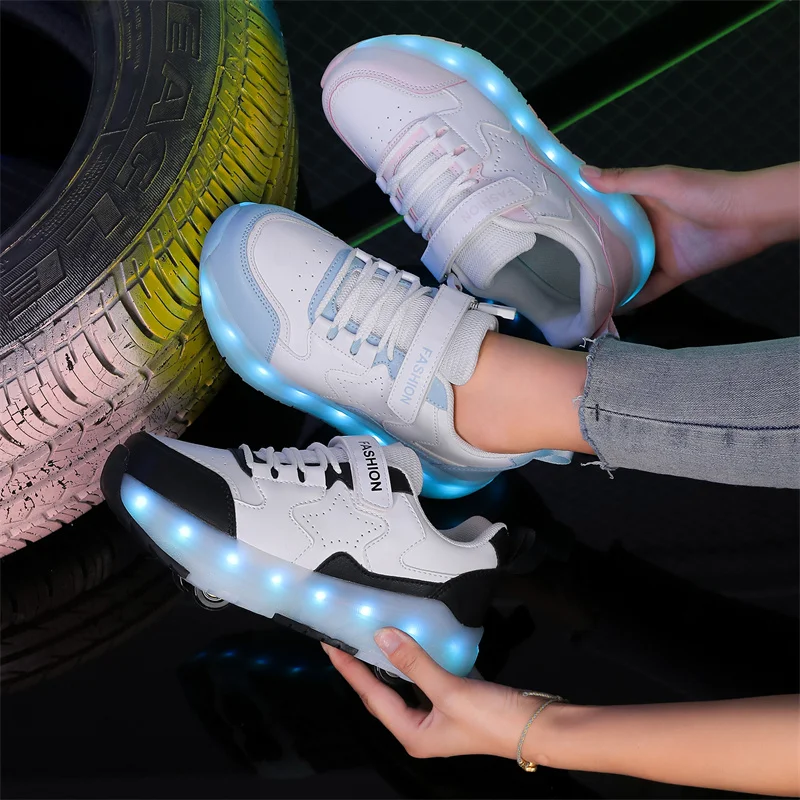 Kid Led Sneakers USB Charging Luminous Shoes Outdoor Sport Roller Skates Children Four Wheels Boys Girls Casual Shoes Glowing