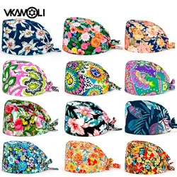 Gorros de cuidado de mascotas con estampado de flores para mujeres, gorros a cuadros de dientes, gorros de trabajo para servicio de salud, gorros de operador, gorra de enfermería