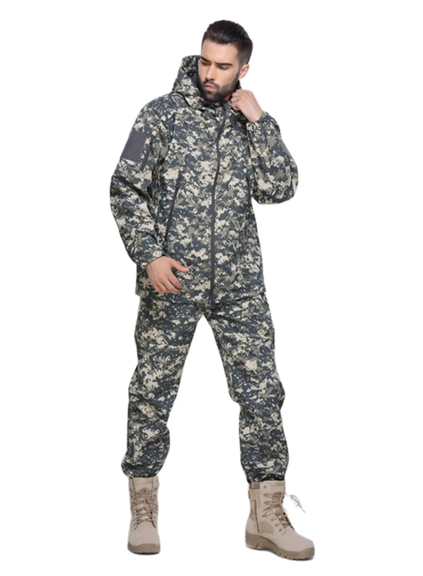 Men's Camouflage Hunting Uniform TAD Soft Shell Fleece Lining Thermal Jacket And Pants Desert Adventure Tactical Training Set