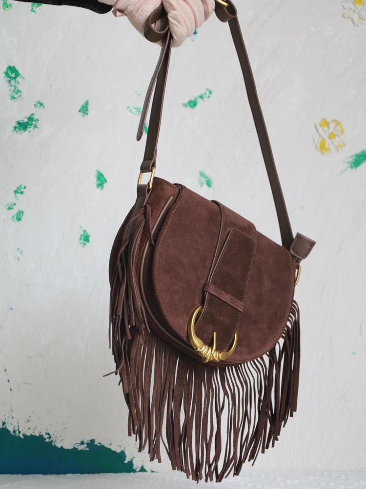 Fashion Unique Casual Tassel Women Bag\\Handbag Frosted Genuine Leather Lady Tote Real Leather Shoulder Crossbody Phone Bag New