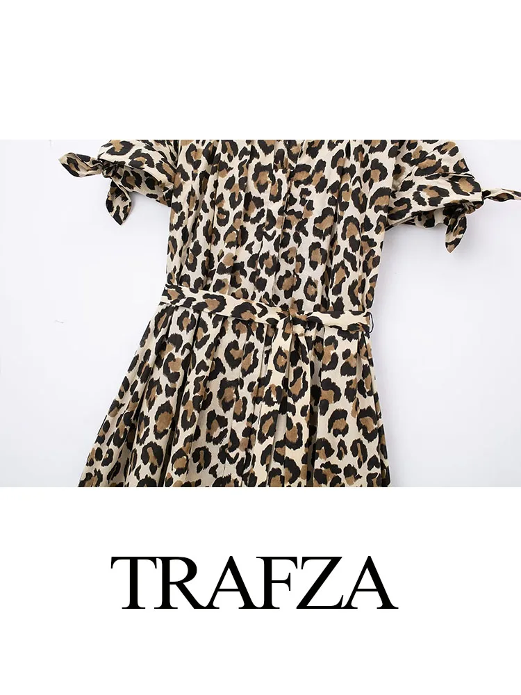 TRAFZA Female Vintage Elegant Long Dress Print V-Neck Bow Short Sleeved Belt Decoration Summer Fashion Dresses Women 2024 Trendy image 4