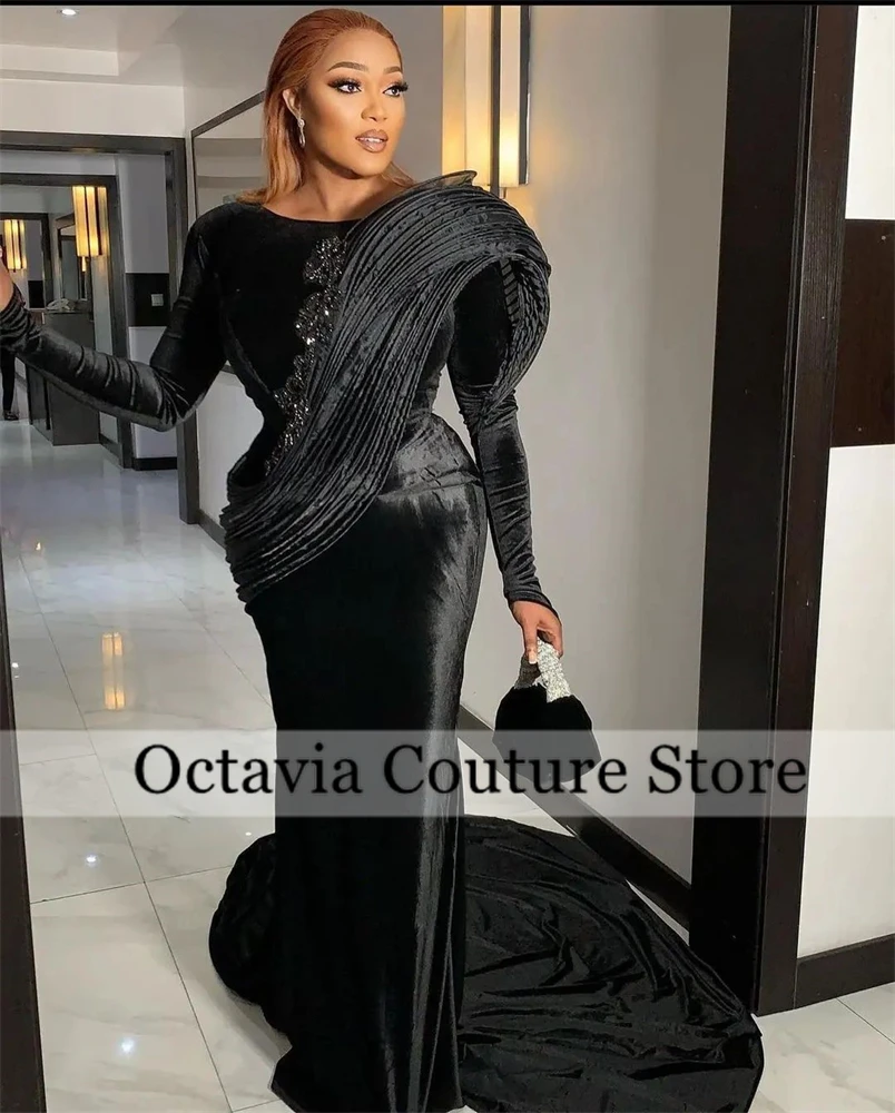 

Black Bead Crystal Elegant Evening Dresses Black Girl Ruffles O N Birthday Dress Luxury 2024 Full Sleeve Formal Gown Customized