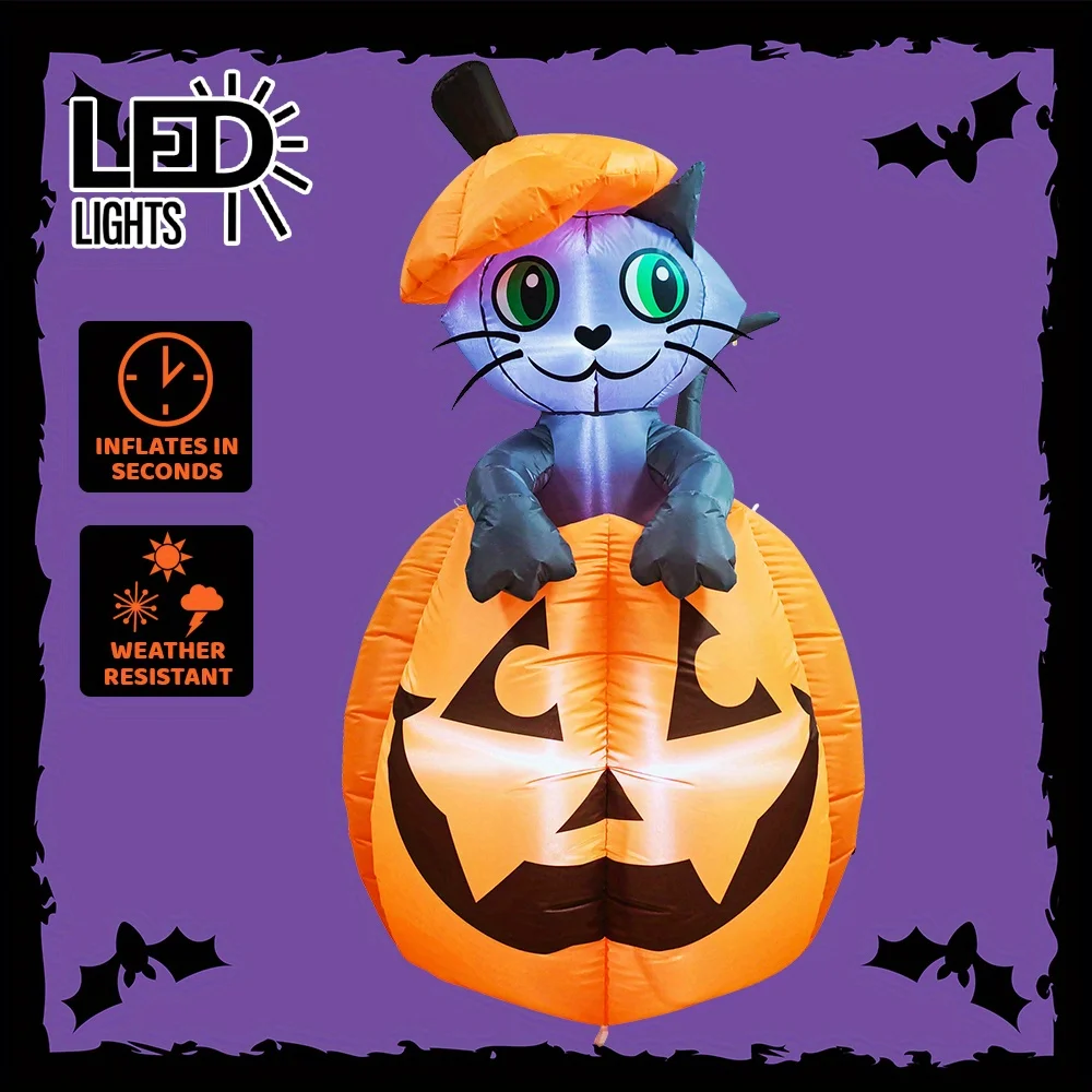 5 FT Halloween Inflatables Outdoor Decorations Inflatable Halloween Decor Outdoor Blow Up Pumpkin for Yard Animated Blow Up Cat On Pumpkin with LEDs for Outside Decor