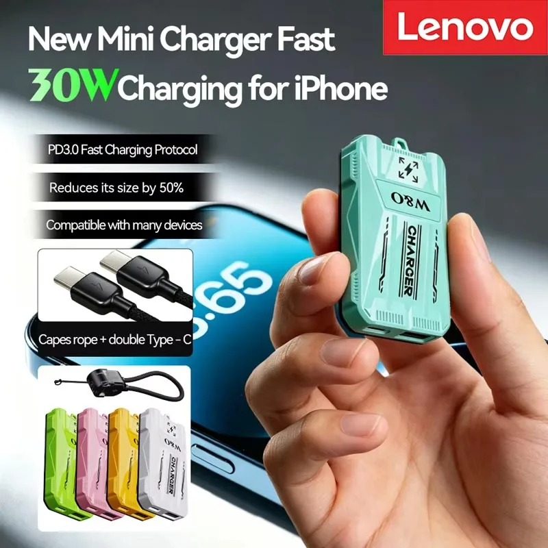 Lenovo Mobile Phone Charger With Automatic Extension Cable PD Fast Charging Head For Apple  Huawei Gallium Nitride Folding Plug