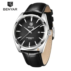 BENYAR 2024 New Military Men's Quartz Watch Luxury Mineral Glass Leather Sports Waterproof 5Bar with Calendar Reloj Home Watch f