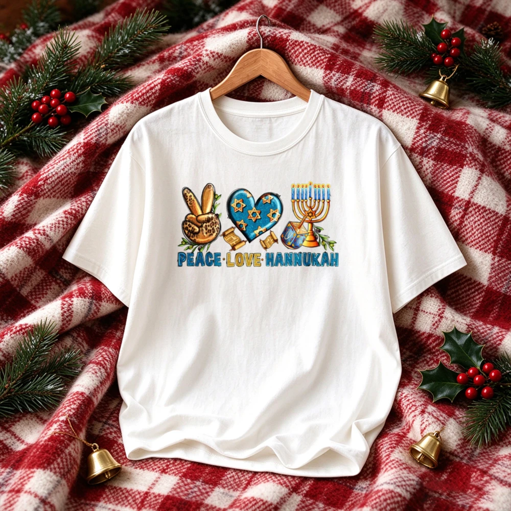 Peace Love Hannukah Peace Sign Heart Star of David Menorah Dreidel Graphic Jewish Festival of Lights Holiday Streetwear T-Shirt