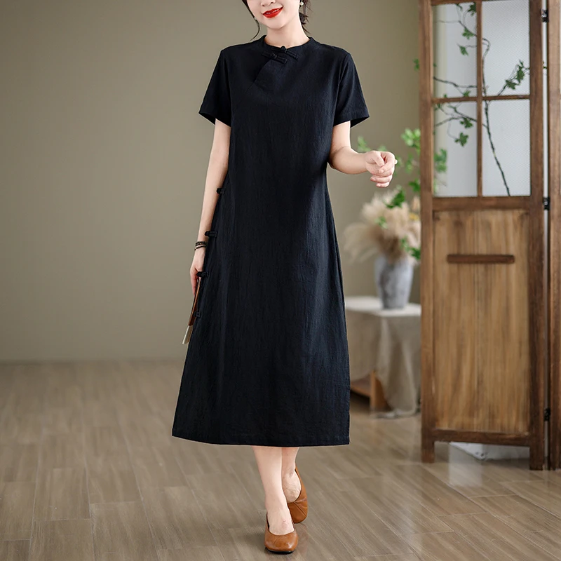 الرجعية الصينية Sle ort Sve القطن الكتان الدكتور المرأة الصيف النسخة الجديدة QiPao Dr طوق زر حتى ميدي طول تنورة
