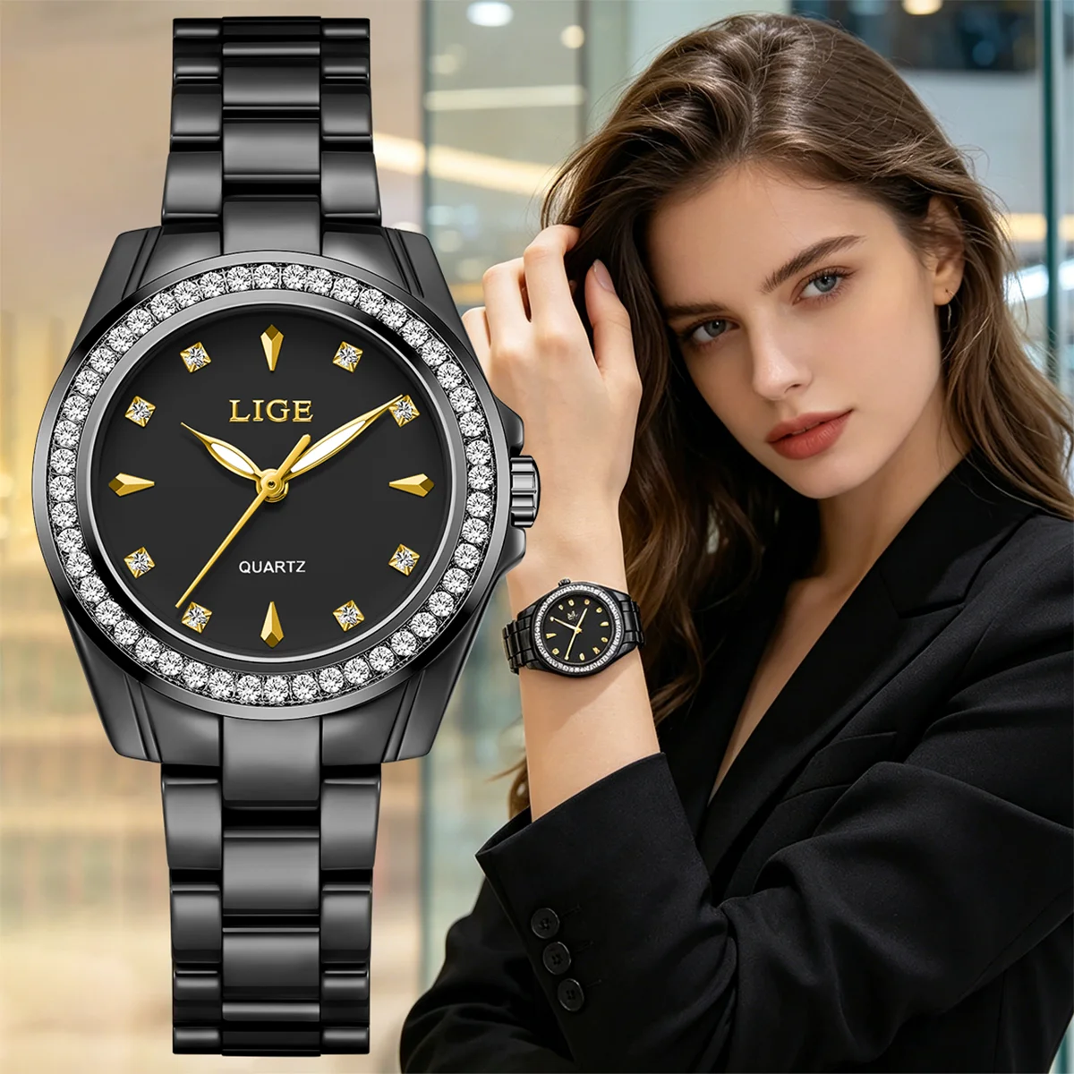 LIGE New Elegant Watches Fashion Quartz Watch for Women Ceramics Strap Waterproof Date Women Watches Diamond Ladies Wristwatch