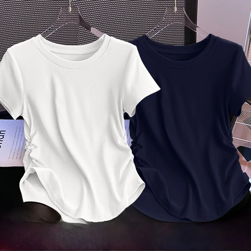 Ele ort Sve T-shirt da donna estiva con cuciture in vita pieghettate, semplice e versatile, coreana, per i pendolari