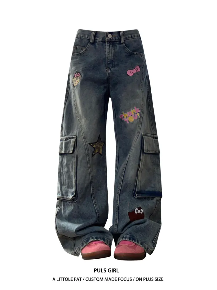 

Large Size American Retro Washed Cartoon Embroidered Jeans Women Loose Drapey Slimming Wide Leg Long Pants High Waist