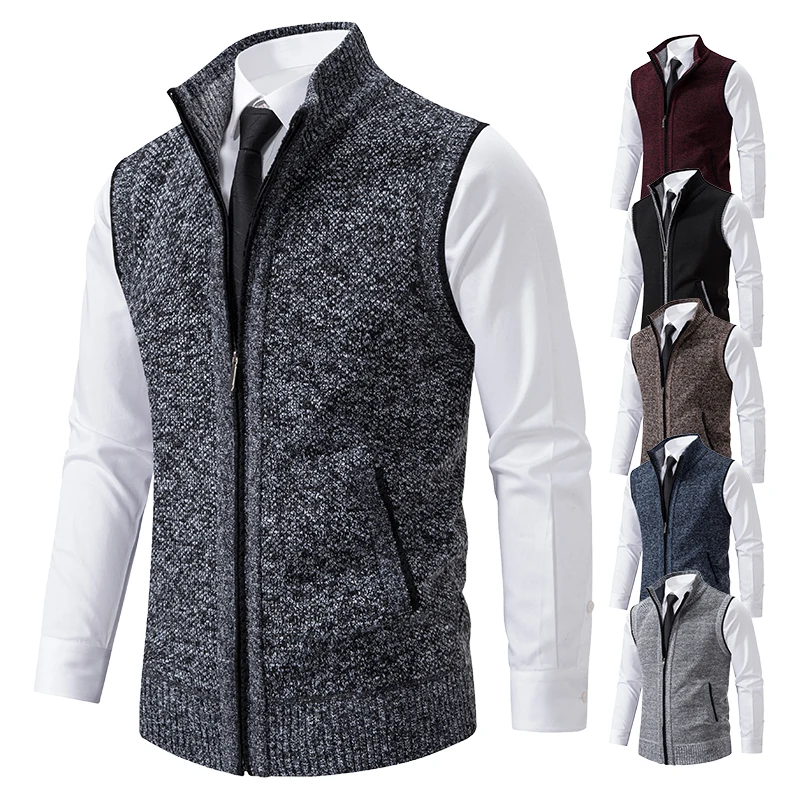 Vest Men\'s Knitted Sleeveless Sweater Wool Velvet Zipper Cardigan Turn-down Pullovers Turtleneck Sweatercoat Knit Waistcoat