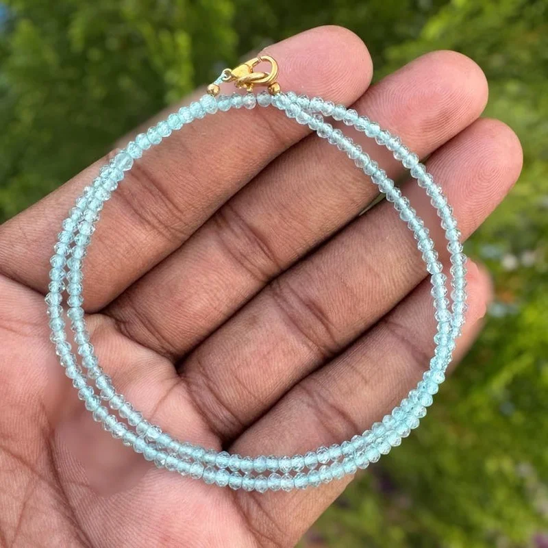 A++ Blue Aquamarine Faceted Round Gemstone Beads Beautiful Choker Necklace 18''