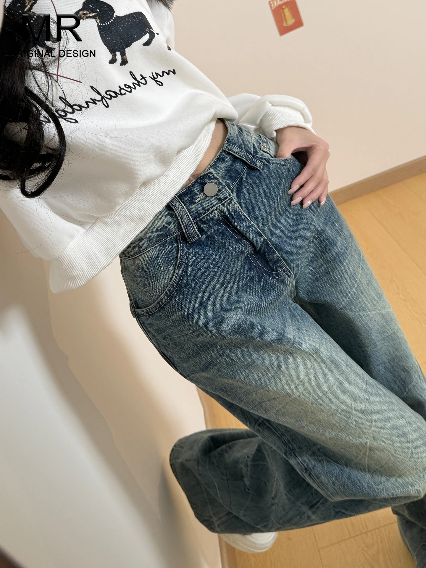 

American Style Vintage Washed Wide Leg Jeans Women's New 2026 Summer Straight Loose Design Slimming Floor-Length Pants