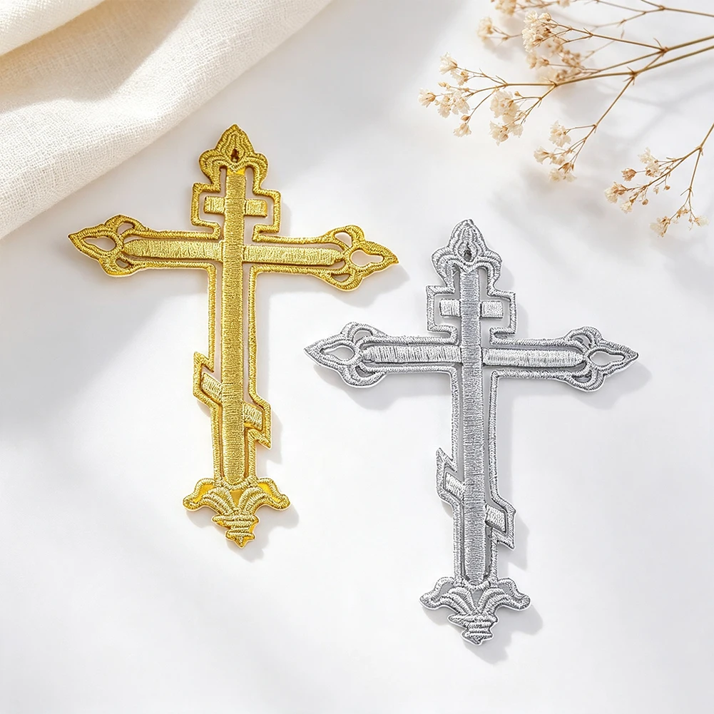 Ornate Christian Cross Embroidered Patch Religious Pattern Badge Thread Fabric Sticker DIY Garment Backpack Accessory Decoration