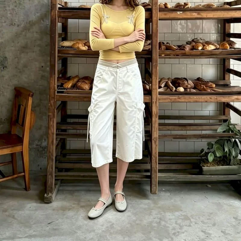 Straight Pants for Women 2026 Summer Sale Casual False Two-piece Capri Pants Korean Style Elastic Waist Trousers Vintage Clothes