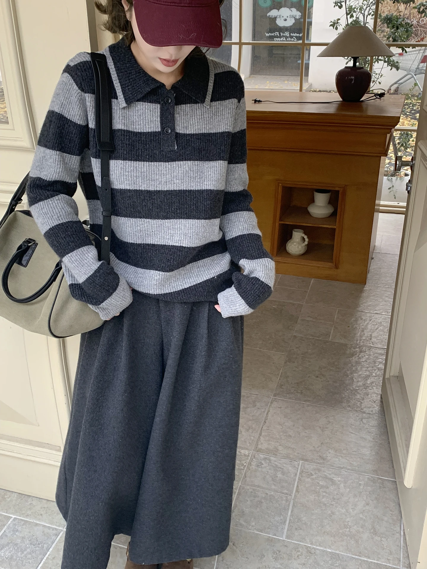 

ELINSU Vintage Striped Knitted Wool Sweater Women's Loose Long Sve Turn-down Collar 00% Camere Slimming Versatile Top