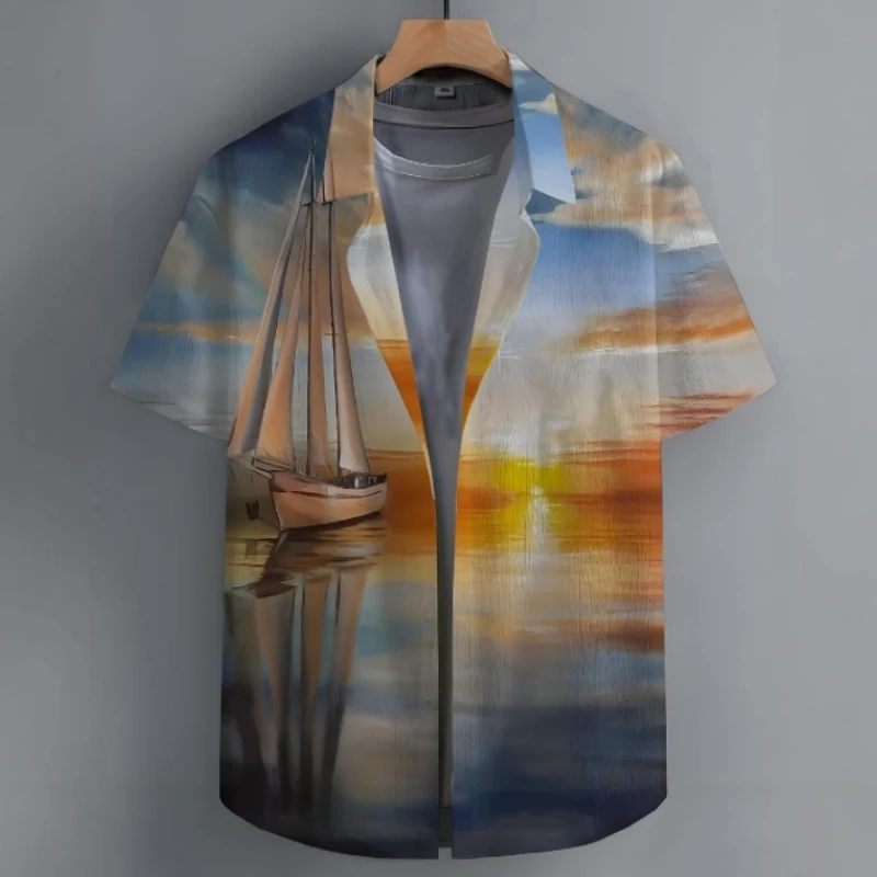 Hawaiiaans Heren Overhemd Met Losse Print Zeilboot Met Korte Mouwen En Grafisch T-Shirt Met Revers En Knoop Strandfeestkleding Oversized Heren Top